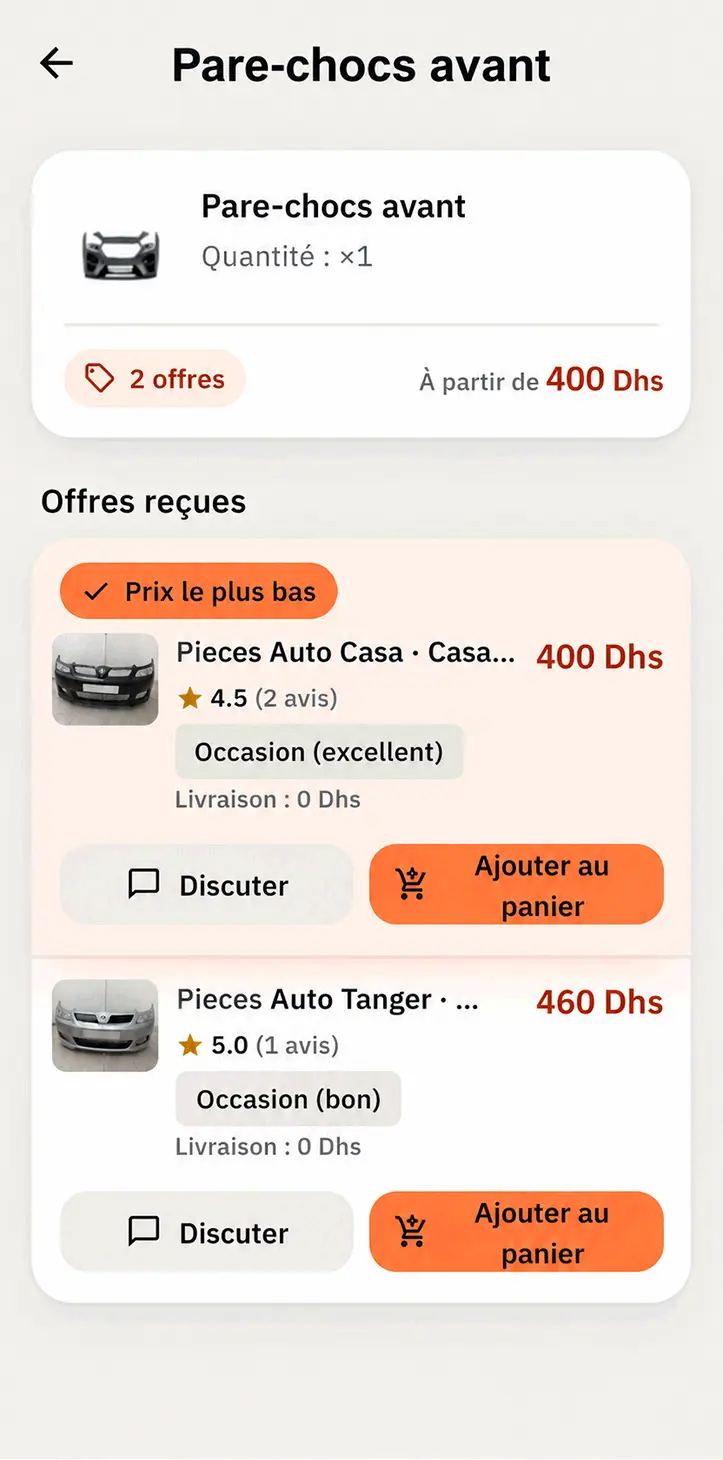 Écran de comparaison des offres de ferrailleurs