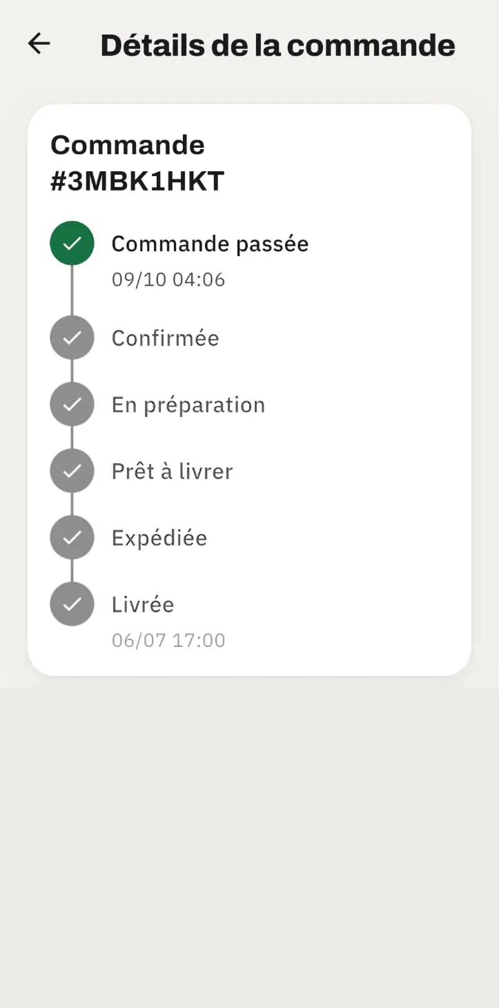 Écran de confirmation de commande livrée